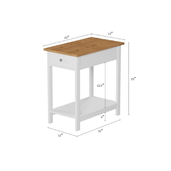 Side Table With Drawer Narrow End And Storage Shelf,  2 Toned Wood Stand For Bedroom (White And Oak)